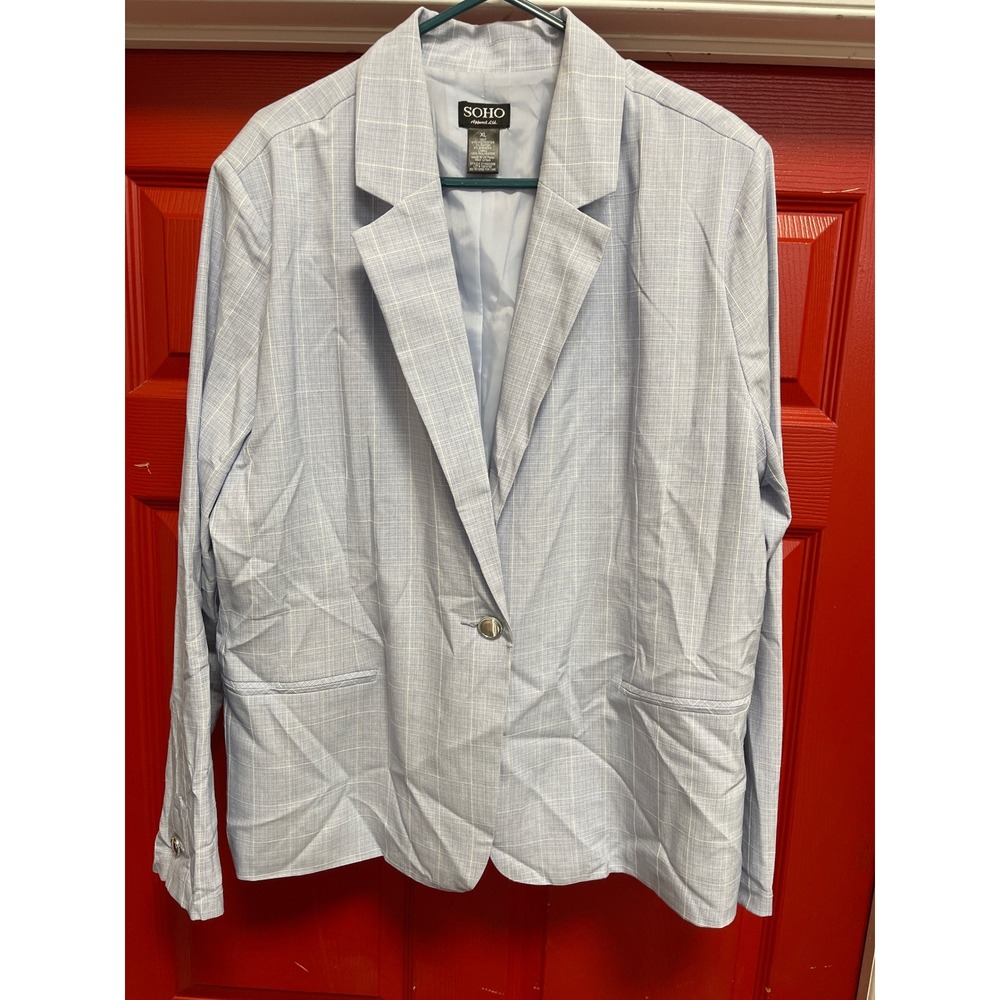 SOHO Apparel Ltd Womens XL Light Blue Windowpane Plaid Single Button Blazer